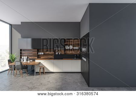 Gray And Wooden Kitchen With Mock Up Wall