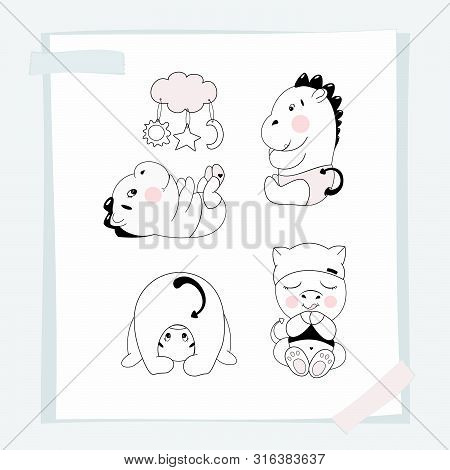 Cute Illustration. Vector Set With Hand Drawn Elements With  Little Dragon.