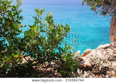 Beautiful Sandy Beach With Rock And Blue Clear Water