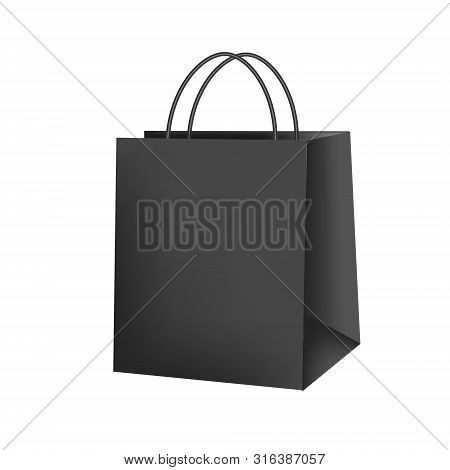 Blank Paper Luxury Gift Package In Black With Handle Mockup 3d Realistic Illustration Isolated On Wh