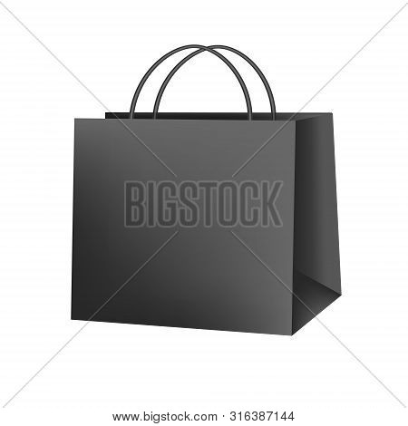 Blank Paper Luxury Gift Package In Black With Handle Mockup 3d Realistic Illustration Isolated On Wh