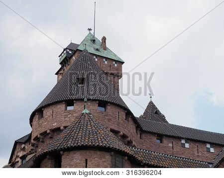 Tower Of Koenigsbourg Castle In European Orschwiller Town Of Alsace In France With Cloudy Sky In 201