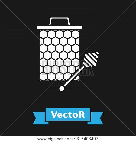 White Honeycomb With Honey Dipper Stickicon Isolated On Black Background. Honey Ladle. Honey Cells S