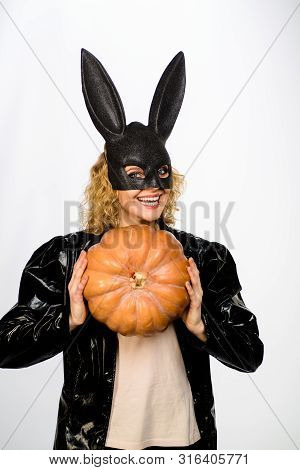 31 October. Smiling Woman In Halloween Party. Sexy Girl In Bunny Mask With Jack O Lantern. Woman In 