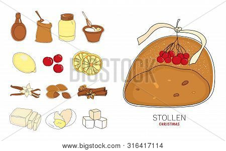 Traditional Christmas Pastries - Cake Stollen And A Set Of Ingredients For Its Preparation On A Whit