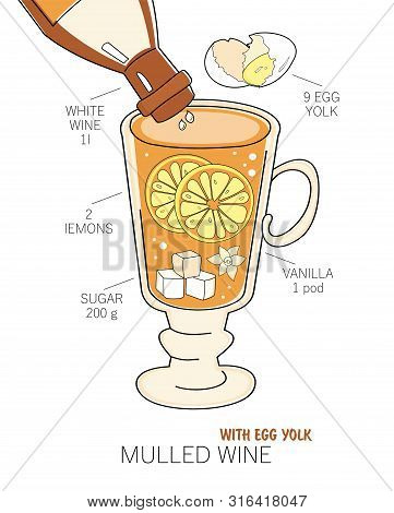 Sketch Traditional Winter Drink - Spice Mulled Wine With Egg Yolk, Lemon, Sugar And Vanilla On White