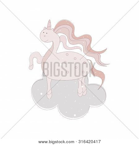 Illustration For Children In Soft Colors With A Unicorn On A Cloud