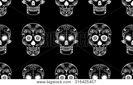 Vector Seamless Pattern Of White Sugar Skull With Doodle Floral Pattern On Black Background. Dia De 