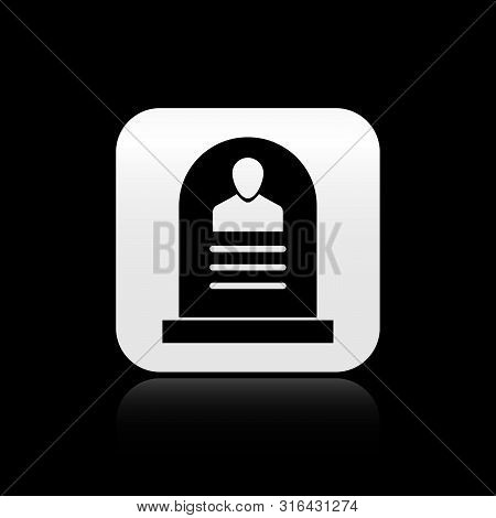 Black Tombstone With Rip Written On It Icon Isolated On Black Background. Grave Icon. Silver Square 