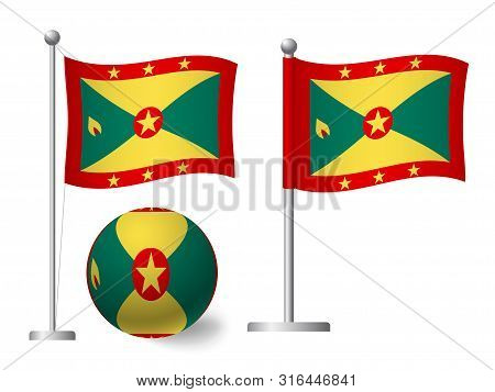 Grenada Flag On Pole And Ball. Metal Flagpole. National Flag Of Grenada Vector Illustration