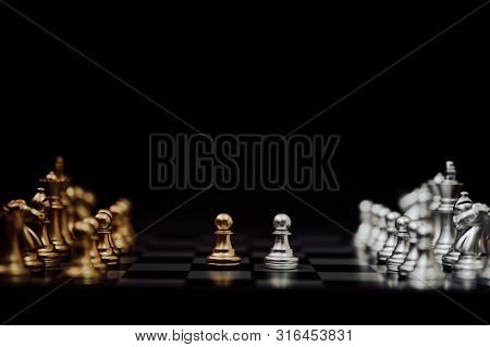Business Competition And Strategy Plan Concept. Chess Board Game Gold And Silver Colour