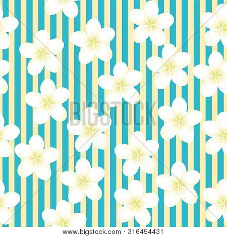 Pastel Striped Vector Tropical Pattern. Plumeria, Frangipani.