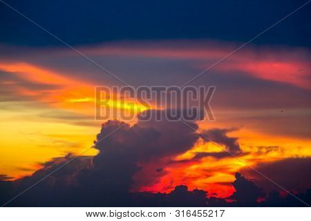 Multicolor  Flame Cloud Sunset Boat On Sea And Sky