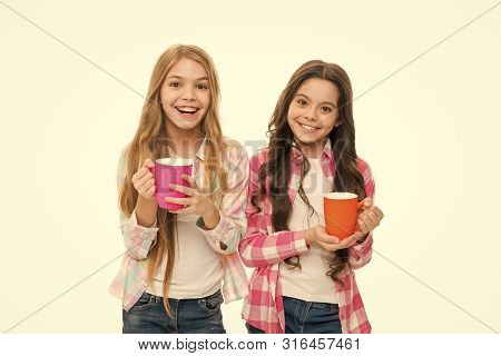 It Is Tea Time. Drinking Tea While Break. Relaxing With Drink. Tea Break. Children Do Not Drink Enou
