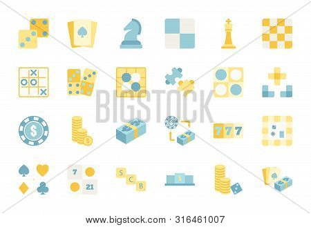 Flat Color Design Icon Set Of Casino, Puzzle And Board Game. Esport Concept.