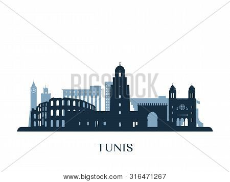 Tunis Skyline, Monochrome Silhouette. Design Vector Illustration.