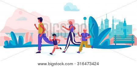Cartoon Family Running In Park. Parents And Children Doing Exercises Sport Activities On Holidays. V