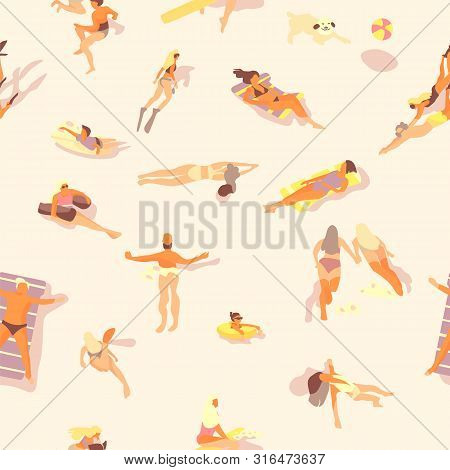 Swimming People Pattern. Summer Seamless Print Of Ocean Beach With Cartoon Persons Doing Water Activ