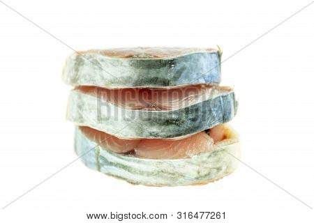 Fish Scomberomorus Pieces Isolated On White Background.