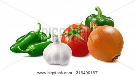 Tomato, Onion, Green Hot Pepper And Garlic Isolated On White Background. Salsa Sauce Ingredients. Pa
