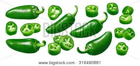 Green Chili Pepper Set Isolated On White Background. Whole And Pieces. Package Design Element With C
