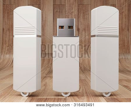 3d Render Illustration Of A Flashdrive Mockup On Wooden Background. Front View.