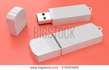 3d Render Illustration Of A Flashdrive Mockup On Color Background. Perspective View.