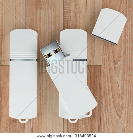3d Render Illustration Of A Flashdrive Mockup On Wooden Background. Top View.