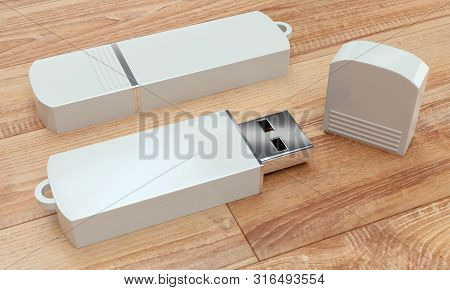 3d Render Illustration Of A Flashdrive Mockup On Wooden Background. Perspective View.