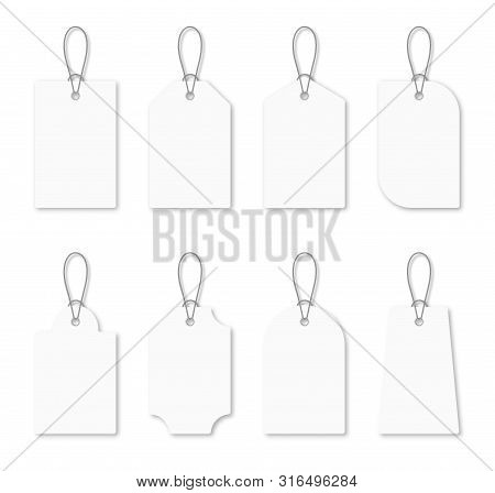 Set Of Blank White Tags With Rope. White Shopping Labels And Price Tags In Different Shapes. Mockup 
