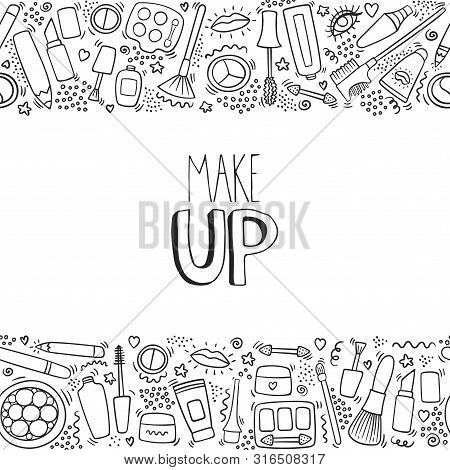 Make Up Doodle Horizontal Pattern With Lipstick, Cream, Mascara, Powder, Shades, Brush, Handwritten 