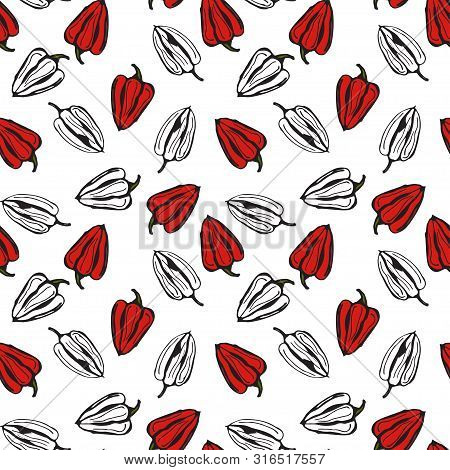 Bell Pepper Vector Seamless Pattern. Red And White Pper On White Background