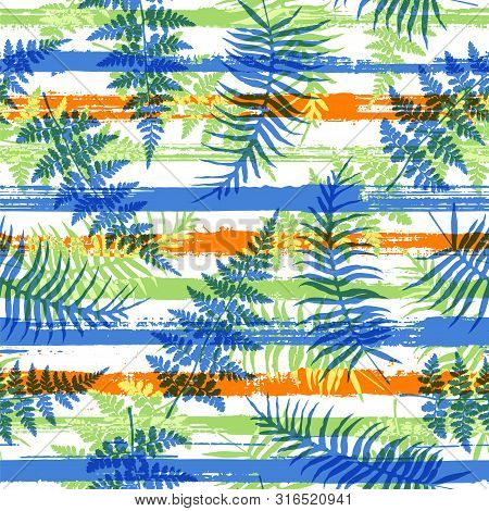 Stylish New Zealand Fern Frond And Bracken Grass Overlaying Stripes Vector Seamless Pattern. Hawaiia
