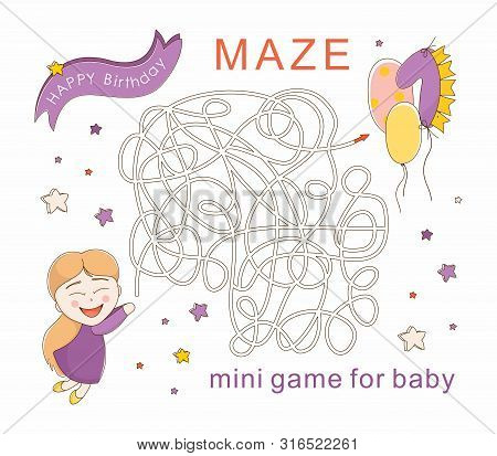 Maze. Mimi Game For Baby With A Little Girl And Air Balloons.
