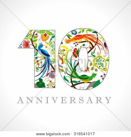 10 Years Old Logotype. 10 Th Anniversary Numbers. Decorative Symbol. Age Congrats With Peacock Birds