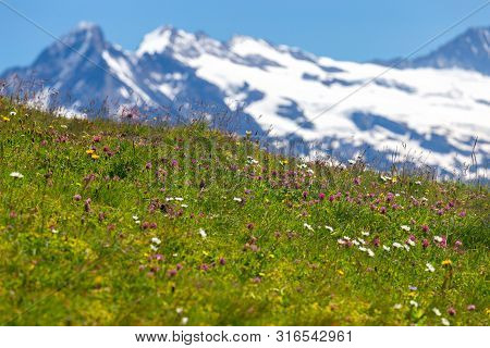 Scenic Aerial View Of The Swiss Alps On A Sunny Day. Mannlichen