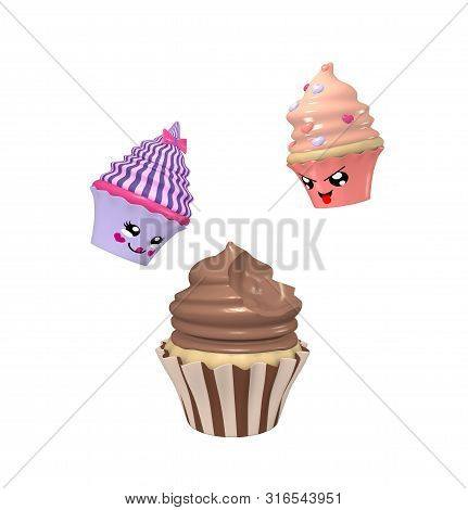 Two Funny Kawaii Characters As Cupcakes. 3d Render