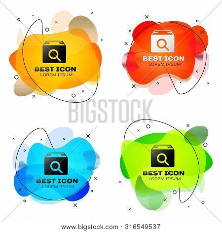 Black Search Package Icon On White Background. Parcel Tracking Symbol. Magnifying Glass And Cardboar