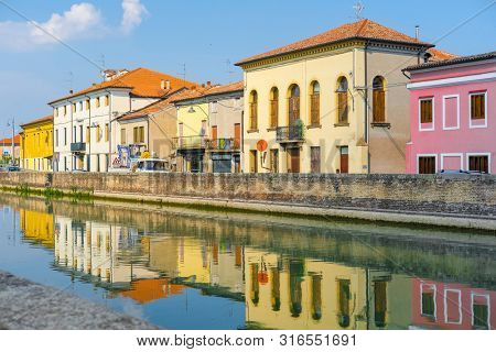 Battaglia Terme, Italy - July, 27, 2019: Landscape with the image of channel in Battaglia Terme, Italy