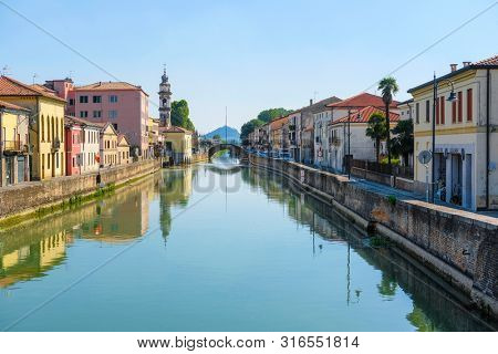 Battaglia Terme, Italy - July, 27, 2019: Landscape with the image of channel in Battaglia Terme, Italy