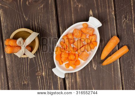 Group Of Two Whole Two Halves Lot Of Pieces Of Stale  Orange Stale Baby Carrot Baby In Wooden Cup Fl