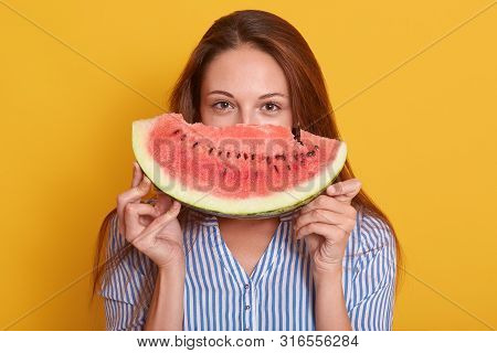 Image Of Young Adorable Lady Dressed Stylish Striped Shirt, Holding Piece Of Watermelon In Hands, Fe