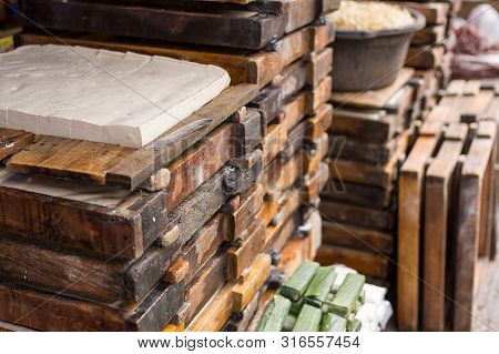 Stacks Of Fresh Raw Traditional Indonesian Tahu Tofu For Sale In A Local Market.