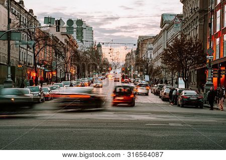 Kiev, Ukraine - April 14, 2019: Night View Of The Streets Of Kiev. Urban Fuss. Bogdan Khmelnitsky St