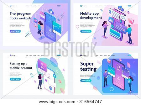 Set Isometric Landing Pages, Concept Mobile Application Testing, Mobile Application Development And 