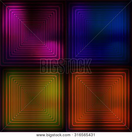 Neon Blue, Orange, Pink, Yelllow Geometric Background. Abstract Illustration. Glowing Lines. Technol