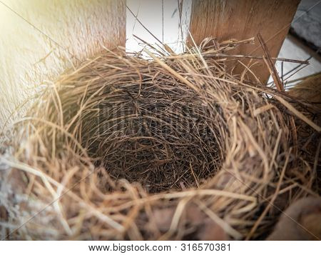 Empty Nest Of Straw Or Hay In The Attic Of A Country House