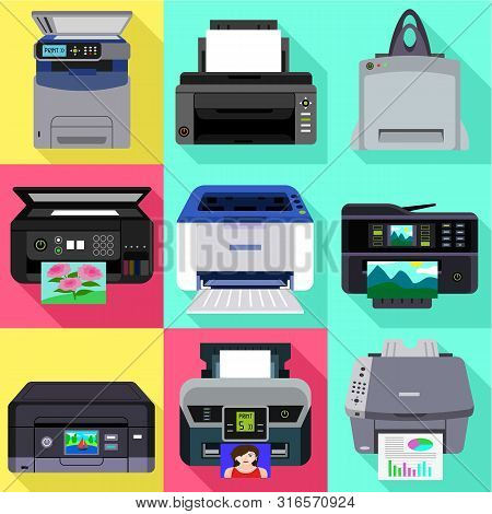 Ink Modern Printer Icon Set. Flat Set Of 9 Ink Modern Printer Vector Icons For Web Design Isolated O