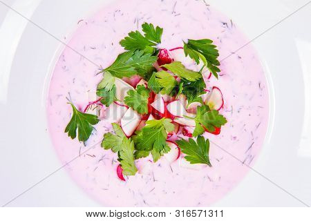 Cold Borscht (chlodnik) - Traditional Lithuanian Cold Soup With Radish, Parsley And Dill