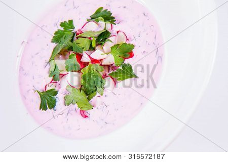 Cold Borscht (chlodnik) - Traditional Lithuanian Cold Soup With Radish, Parsley And Dill